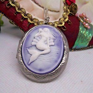 Purple Frosted Mermaid Locket Cameo Necklace Beach